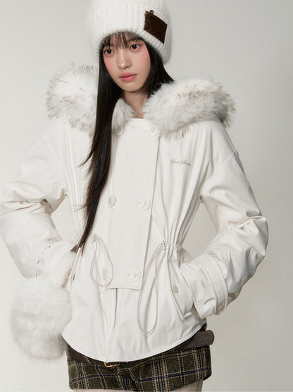 Soote Season - “Cloud Waistline” Cloud Mist White Faux Fur Collar Cinched Puffer Parka