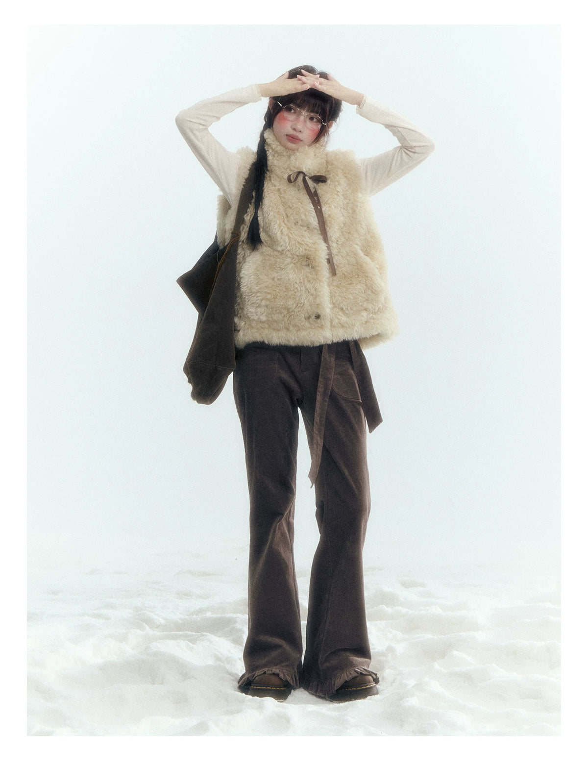 Horridale - Milk Tea Brown Floral Belt Corduroy Flare Pants