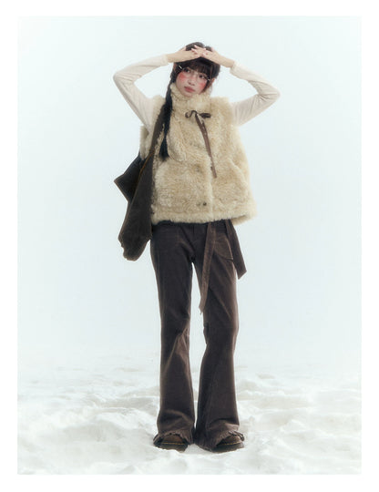 Horridale - Milk Tea Brown Floral Belt Corduroy Flare Pants