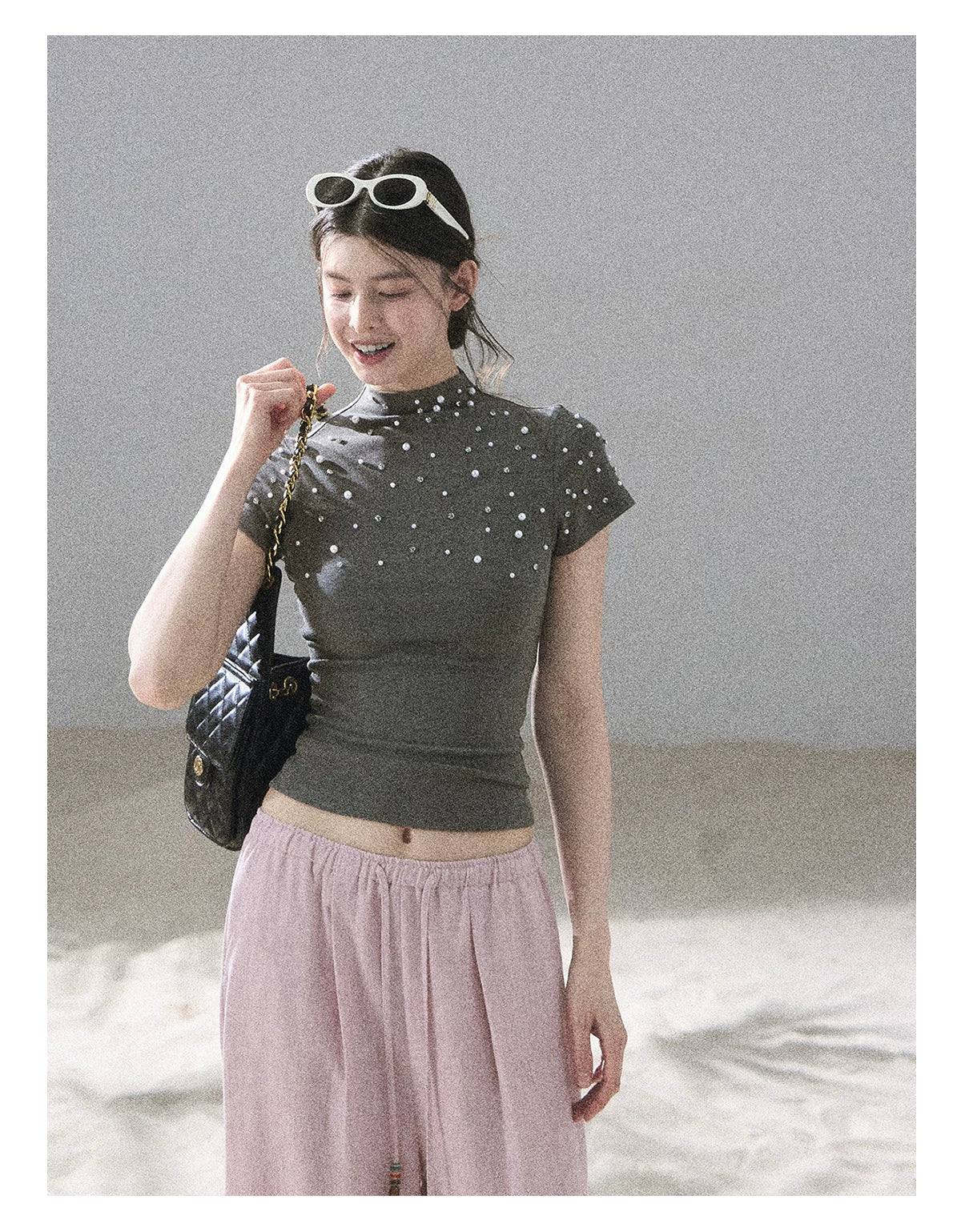 "Scattered Across the Milky Way" Pearl Beaded Knit T-Shirt (Haze Blue/ Sage Gray)