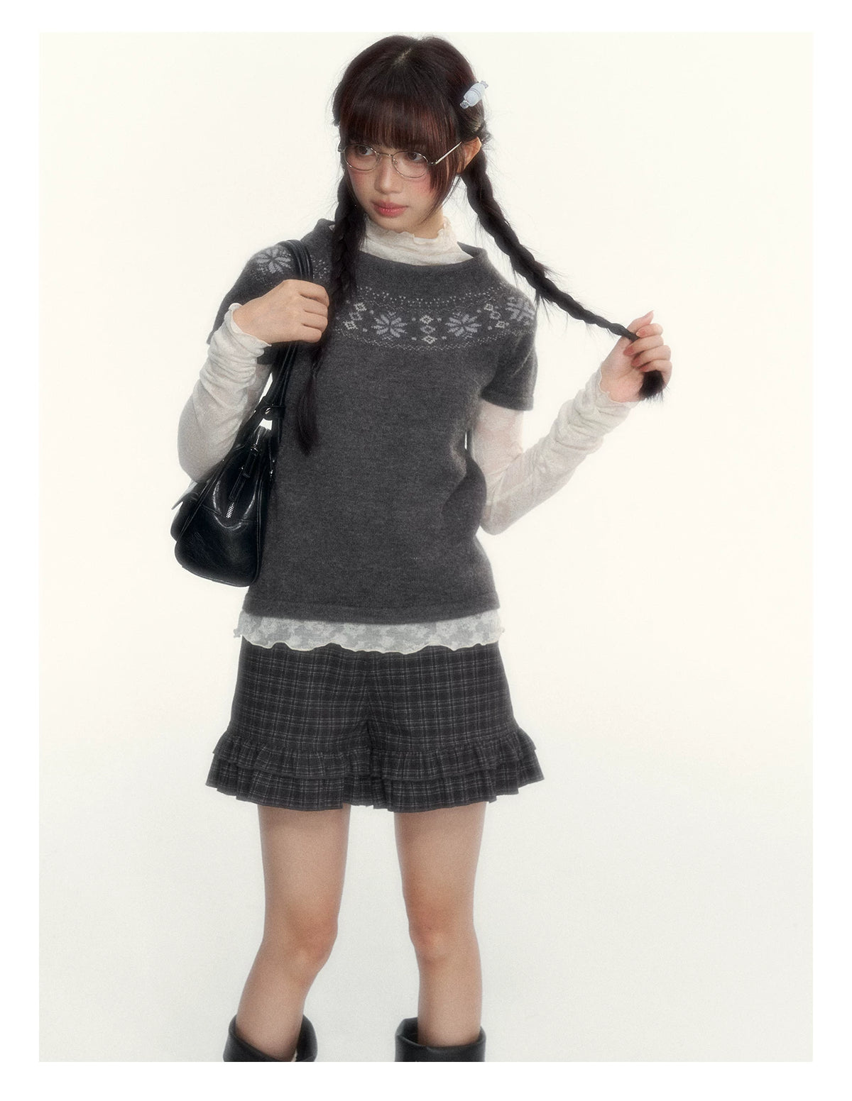 Deep Gray Fair Isle Short-Sleeve Knit Sweater