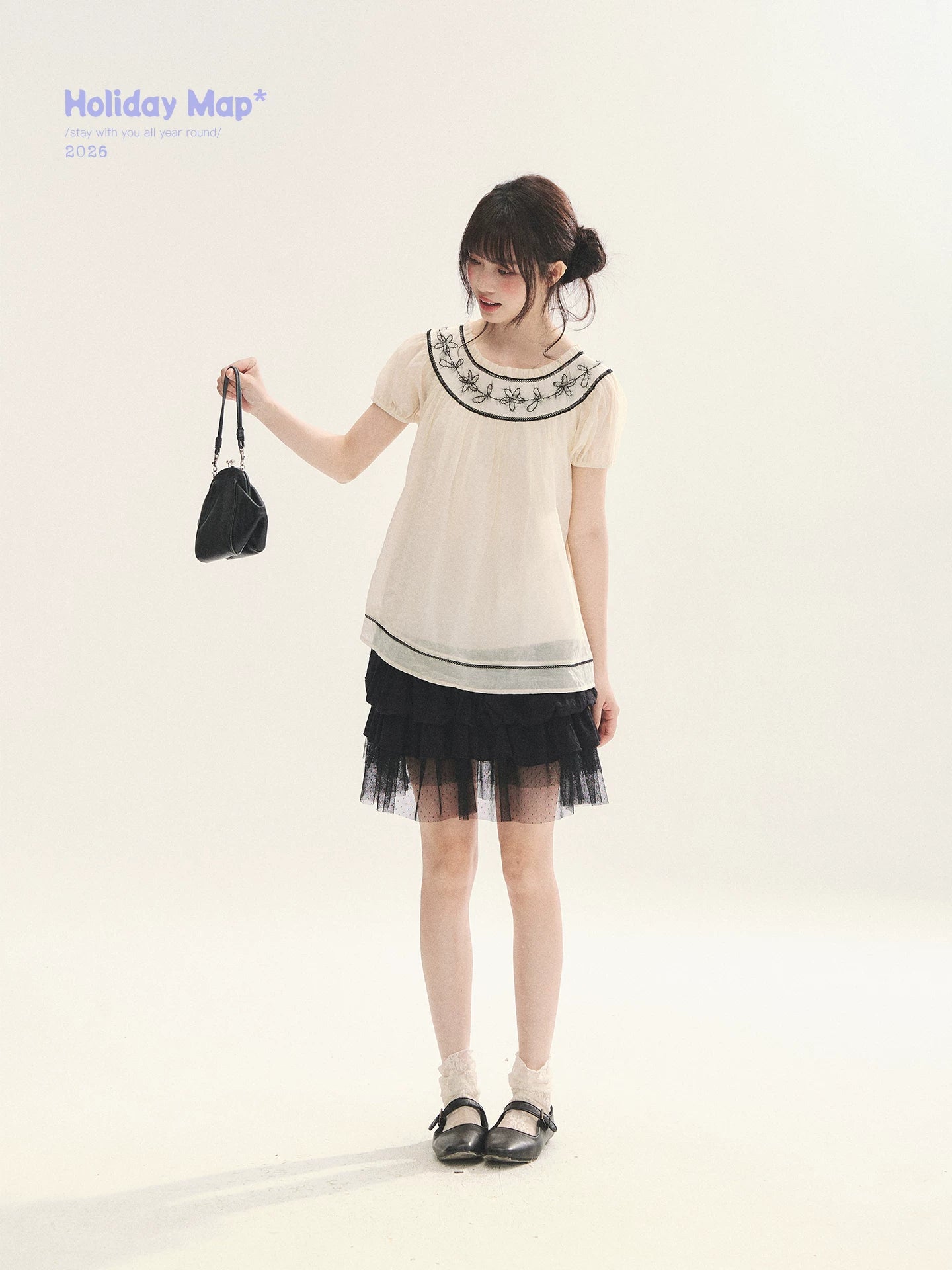 "Toasted Cookie" Yellow Flower Rope Embroidery Babydoll Top