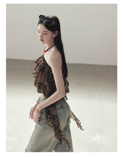 "Chasing the Sunset" Chestnut Brown Leopard Halter Ruffle Crop Top