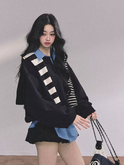 少也眼 Preppy American-Style Layered Look Sweatshirt with Cape