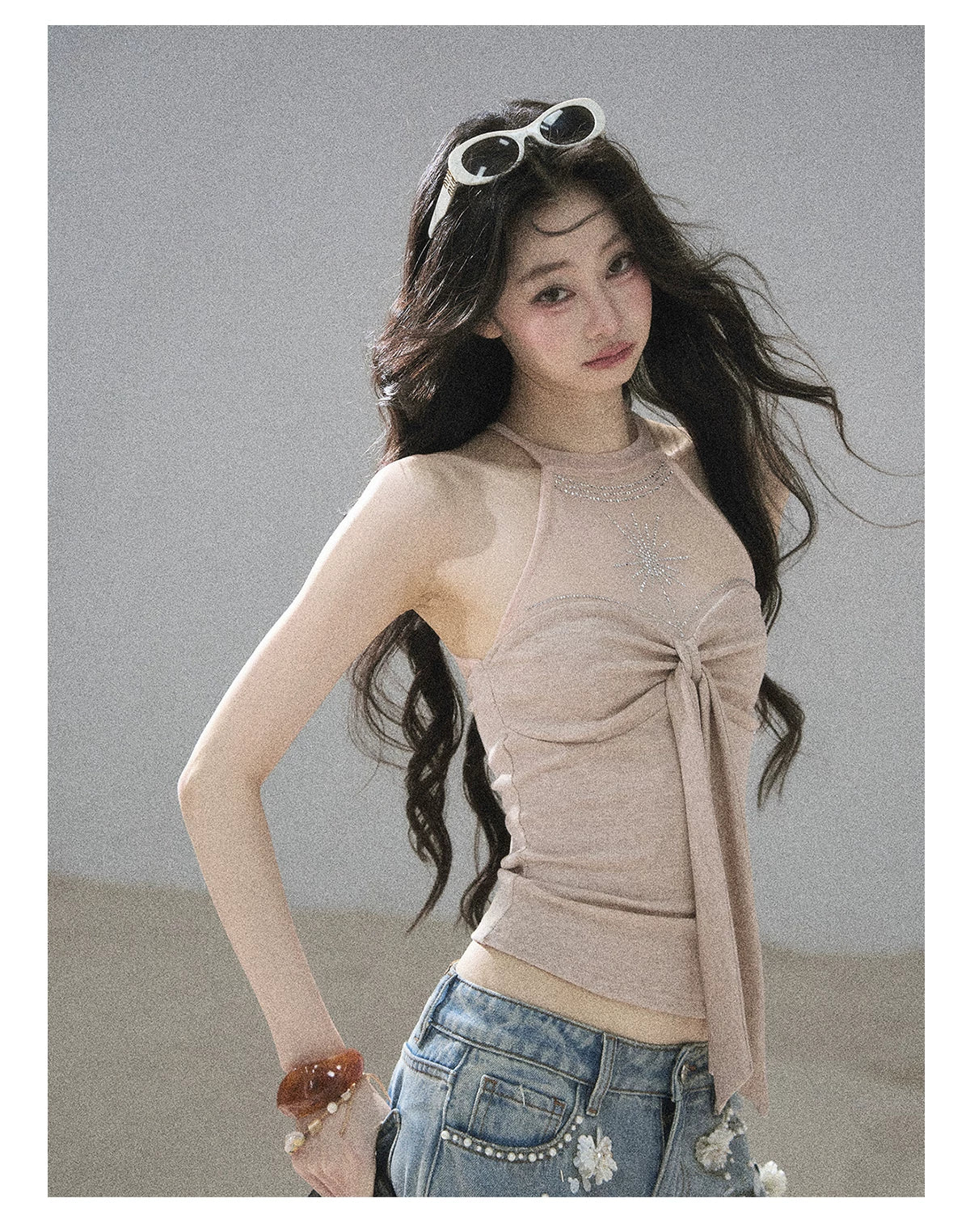 "Galaxy in Your Eyes" Milk Tea Halter Mesh Knit Top