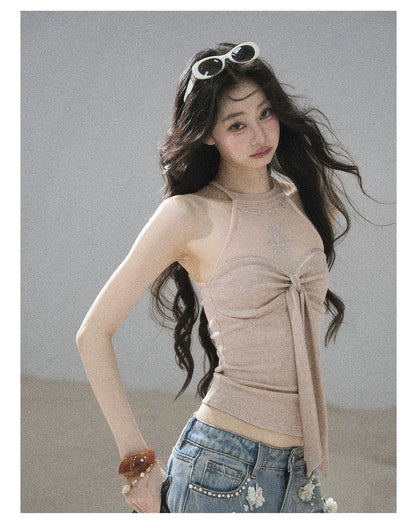 "Galaxy in Your Eyes" Milk Tea Halter Mesh Knit Top