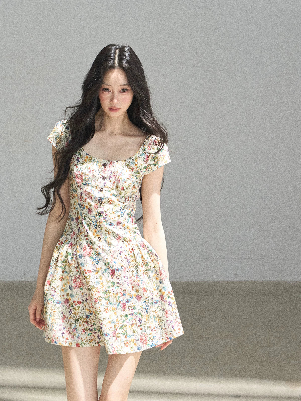 "Bloom in Full Glory" Dutch Cream Floral Puff Mini Dress