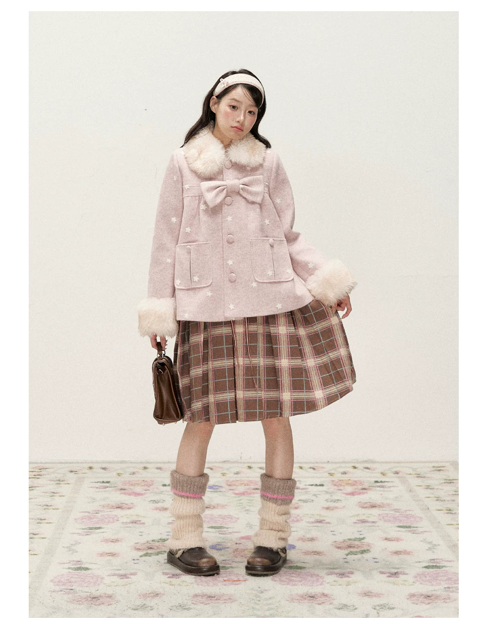 RF - Peach Pink Ombre Faux Fur Collar Wool-Look Jacket with Star Embroidery