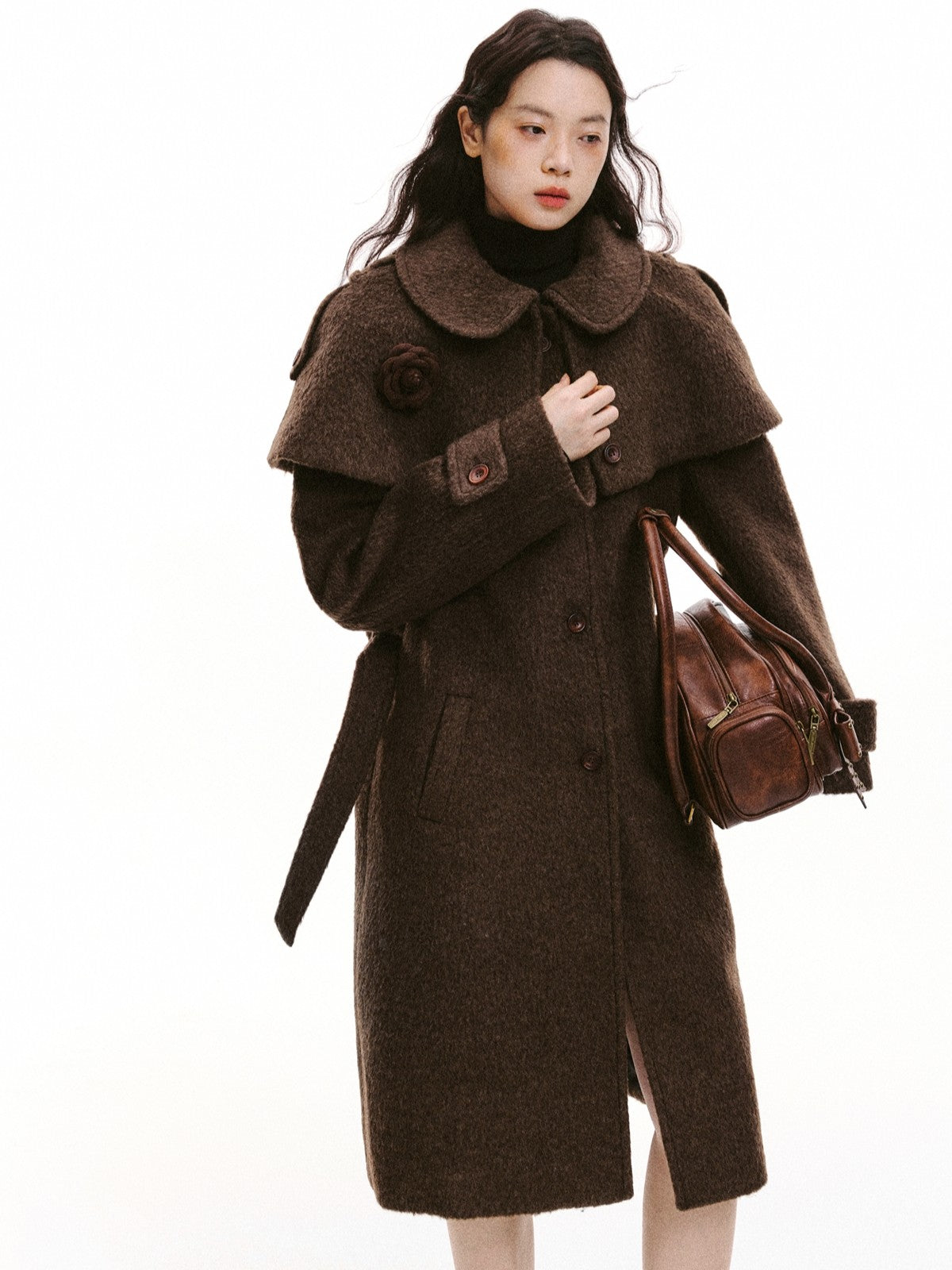 “Intellectual Cape Silhouette” Long Wool Blend Minimal Coat - Brown 8007