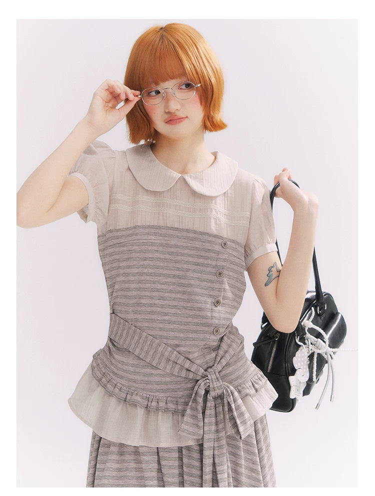 “Old Keepsake Letters” Frost Gray Doll Collar Lace Two-Piece Set