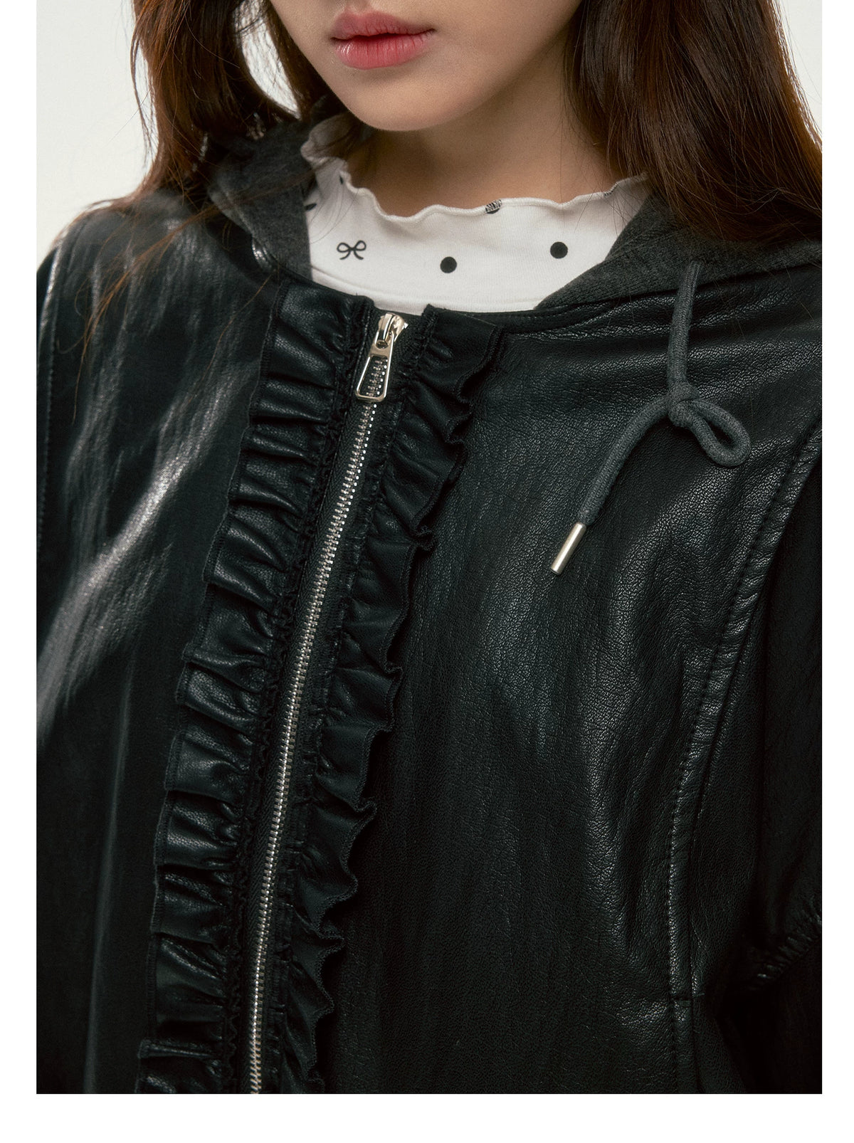 BIBIBENCY - Black Ruffle-Trim Faux Leather Jacket