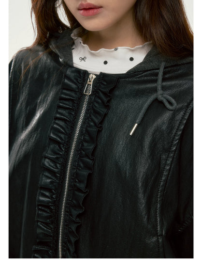 BIBIBENCY - Black Ruffle-Trim Faux Leather Jacket