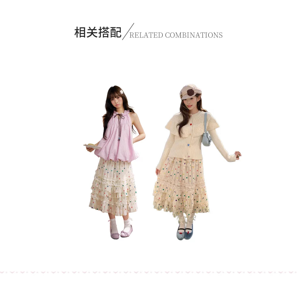 “Starlight Tulle Reverie” Apricot Polka Dot Mesh Skirt
