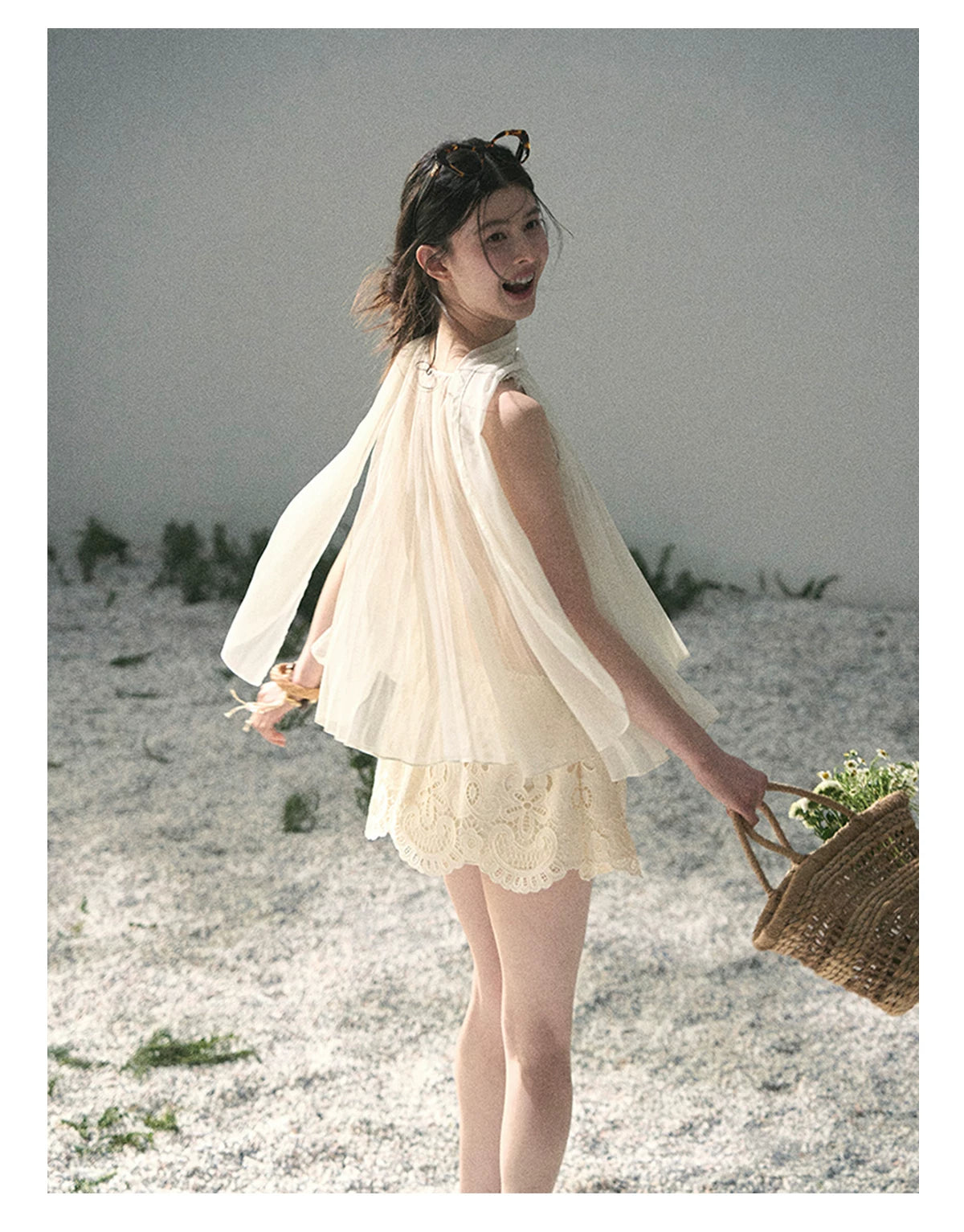 “Summer Light Through Pleats” Ivory Lace Pleated Halter Blouse
