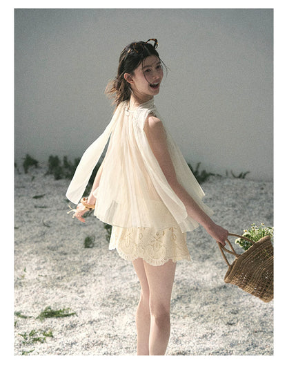 “Summer Light Through Pleats” Ivory Lace Pleated Halter Blouse