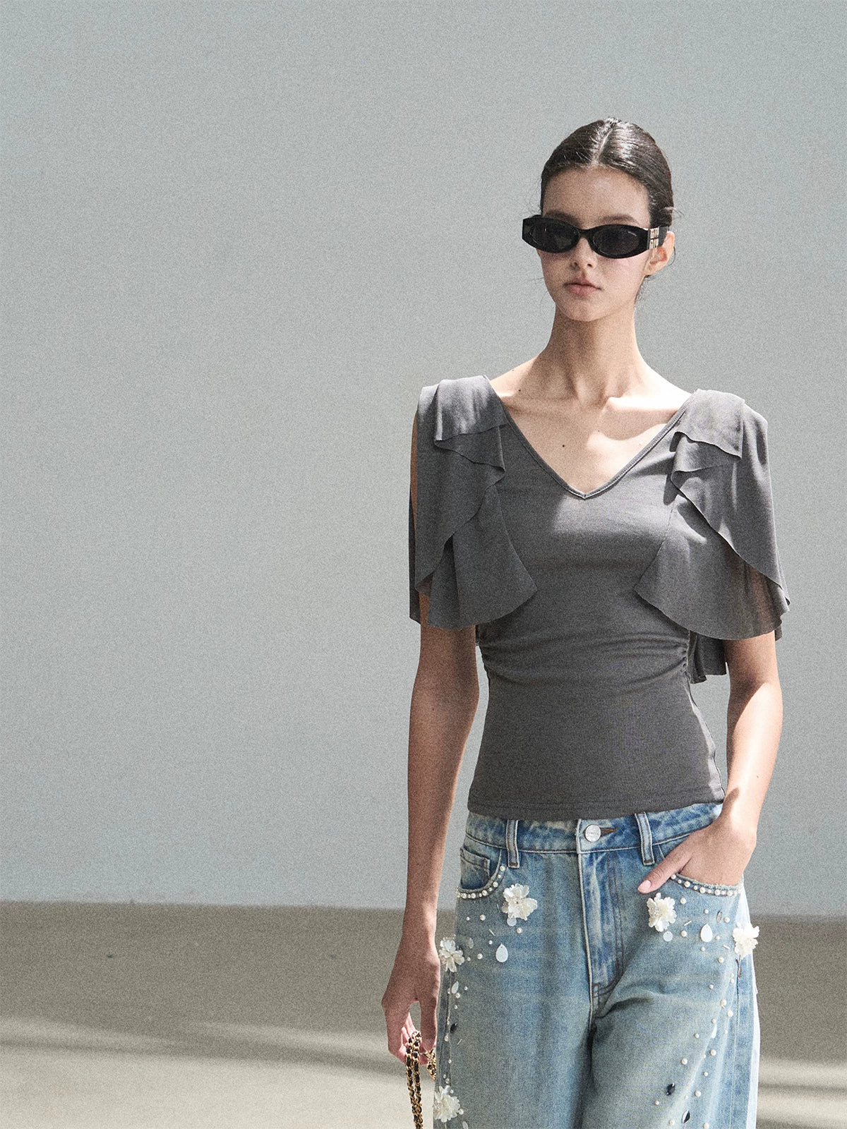 "Where Clouds Fall" Ruffle Sleeve V-Neck Crop Top (Forest Green/ Sage Gray/ Misty Blue/ Cinnamon Pink)