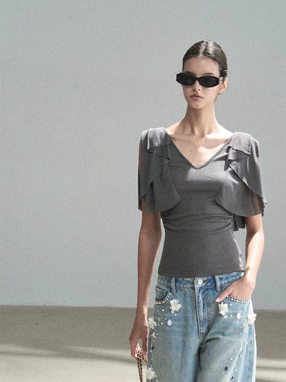"Where Clouds Fall" Ruffle Sleeve V-Neck Crop Top (Forest Green/ Sage Gray/ Misty Blue/ Cinnamon Pink)