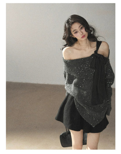AOMALM - "Starlit Reverie" Sequin Off-Shoulder Sweater with Satin Bow - Paris Gray