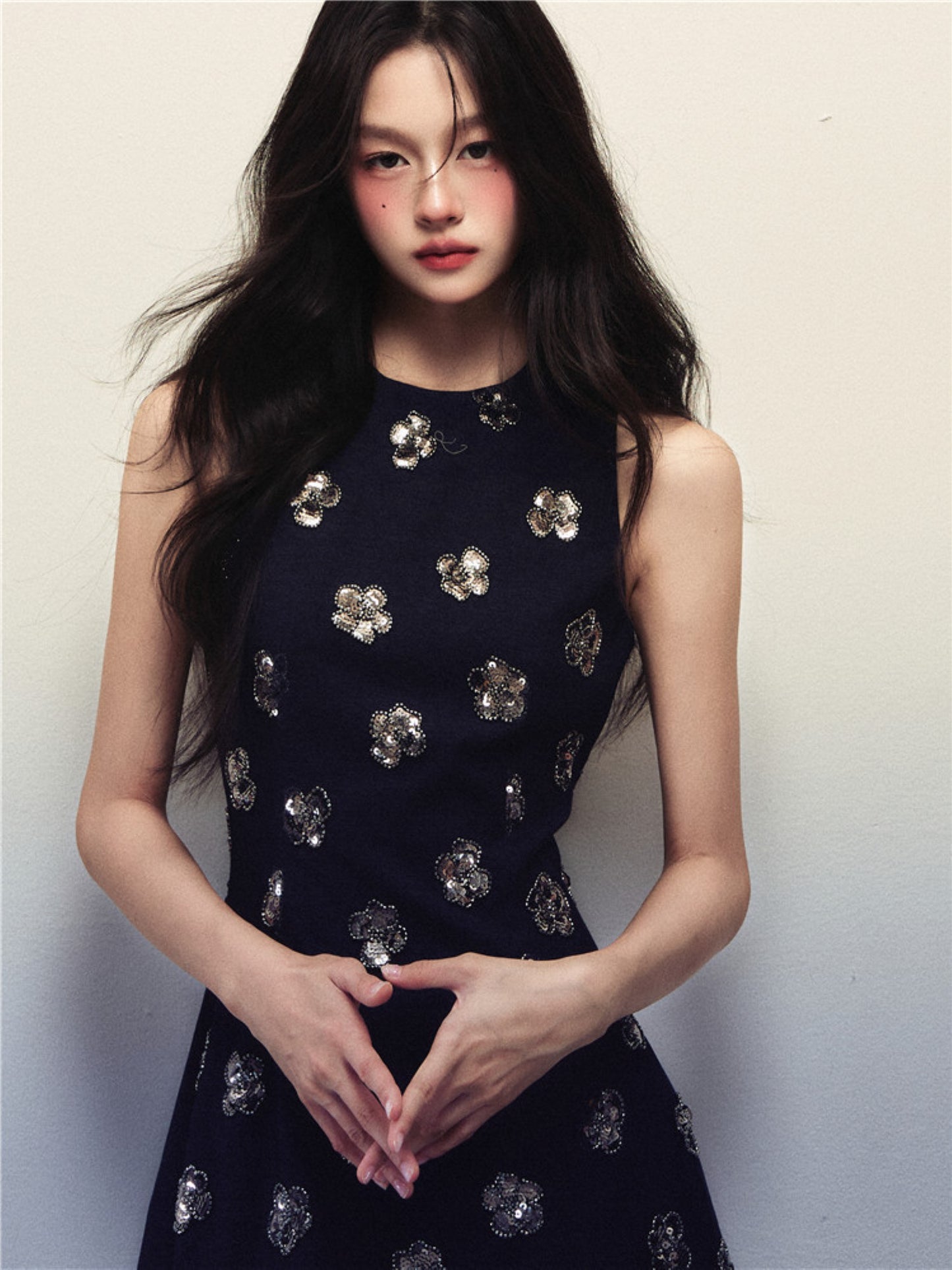 1P - “Shut Down” Midnight Sequin Bloom Mini Dress