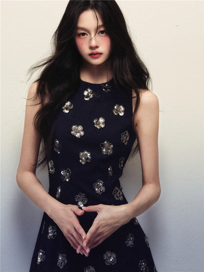 1P - “Shut Down” Midnight Sequin Bloom Mini Dress
