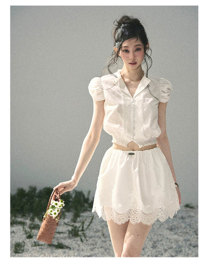 "Rose Petals in Secret" Cloud White Lace Two-Piece Skirt Set 142453