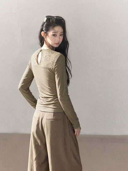 AOMALM - Milk Tea Lace-Panel Fitted Knit Long Sleeve Top