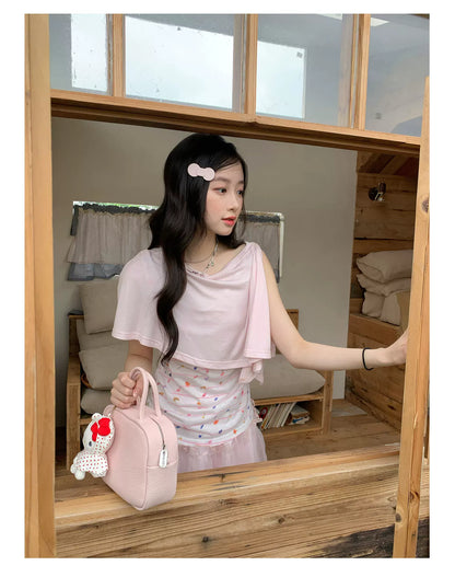 [RF] “Peach Blossom Layers” Peach Pink Striped Floral Print Short-Sleeve T-Shirt