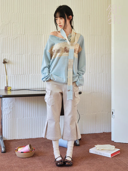 DAILY ARTIST - Light Blue Cat & Yarn Ball Henley Knit Pullover (With Matching Scarf)