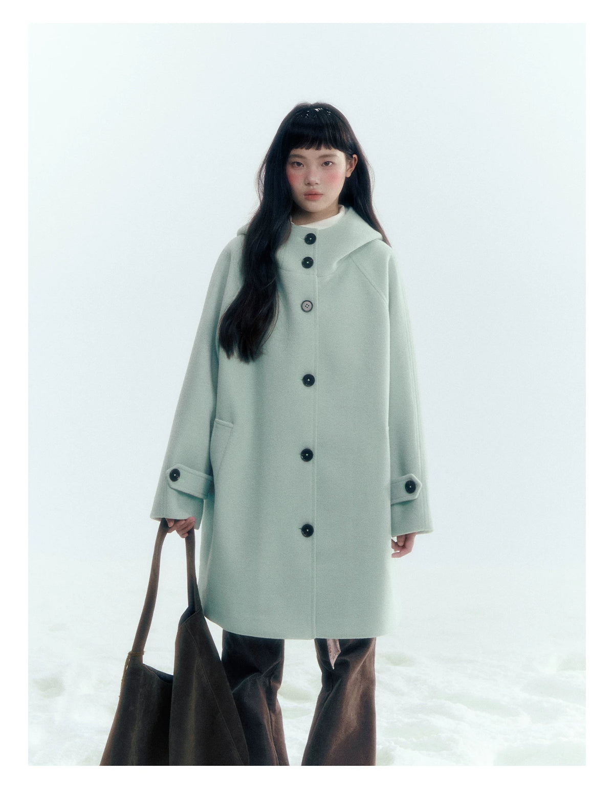 Pale Aqua Green Hooded Cocoon Wool-Blend Coat