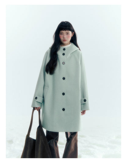 Pale Aqua Green Hooded Cocoon Wool-Blend Coat