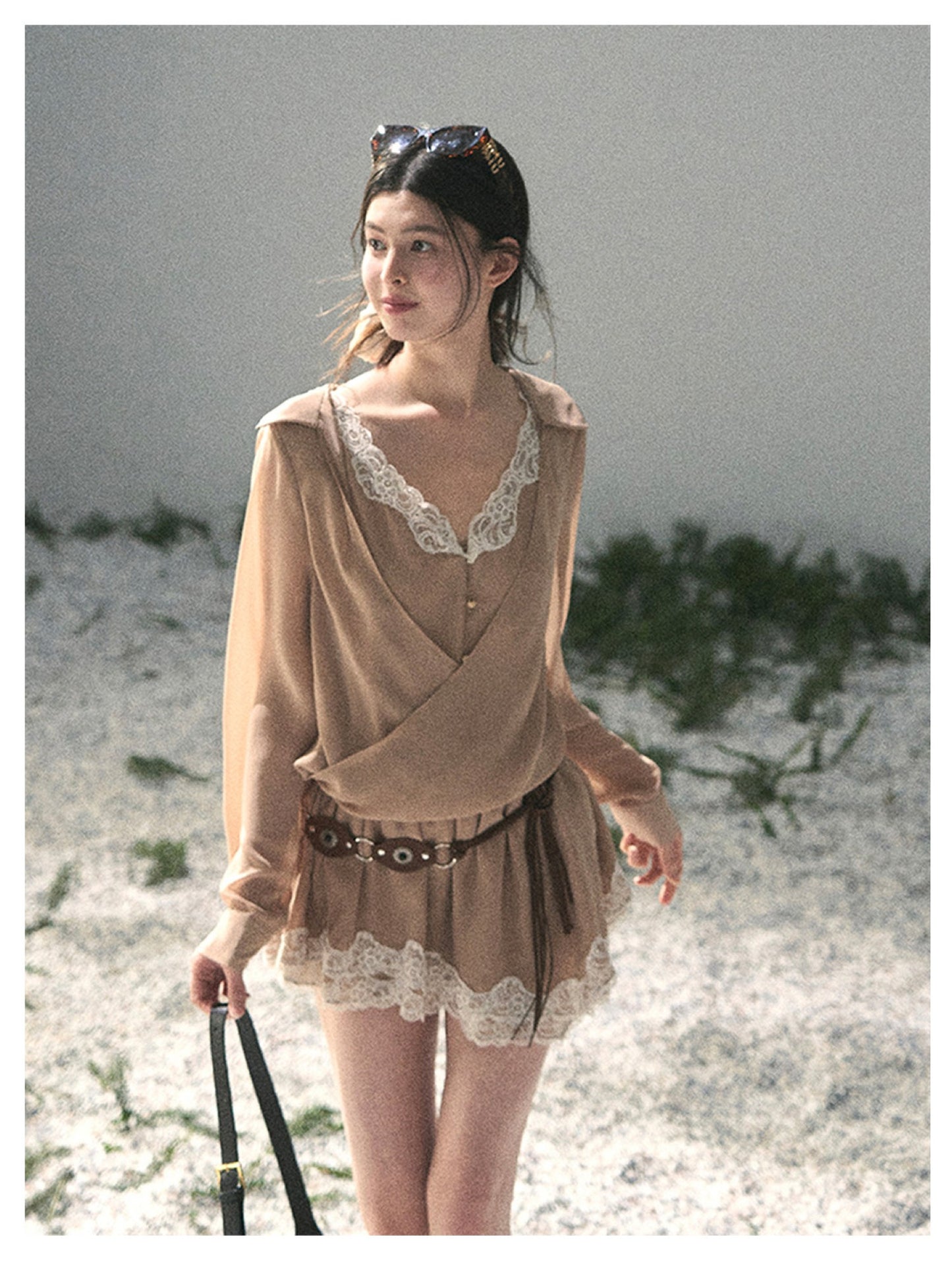 少也眼 “Hidden in the Evening Breeze” Cheese Yellow Faux Two-Piece Chiffon Dress 146