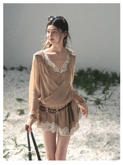 少也眼 “Hidden in the Evening Breeze” Cheese Yellow Faux Two-Piece Chiffon Dress 146