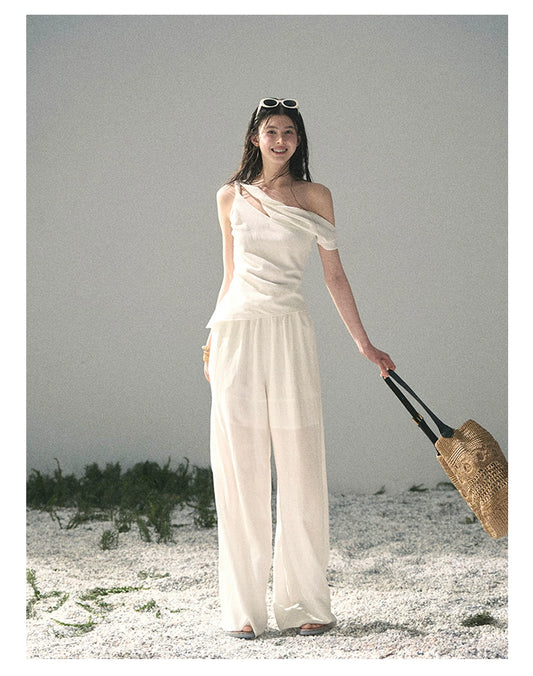 “Cloud Threads Falling at the Shoulder” Ivory Linen-Blend Two-Piece Set