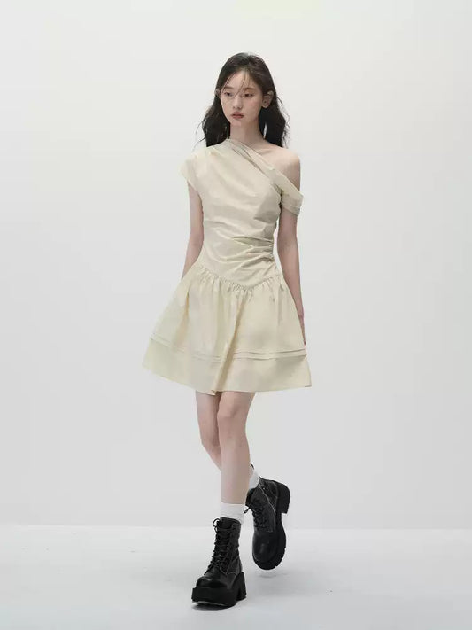 Beige Asymmetrical One-Shoulder A-Line Dress with Pleated Shoulder
