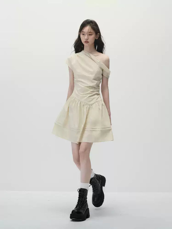 Beige Asymmetrical One-Shoulder A-Line Dress with Pleated Shoulder