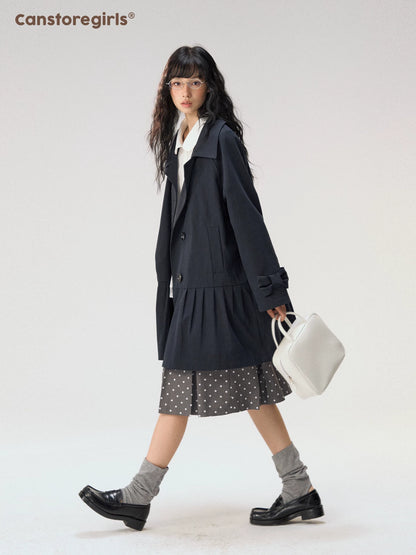[CAN] "Azure Echoes" Navy Double-Breasted Bow Long Trench Coat