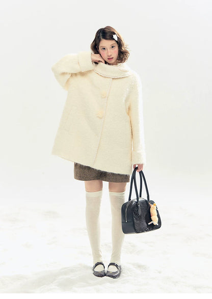 "Snow-Kissed Sakura" Ivory Wool-Blend Quilted Mid-Length Coat with Detachable Plush Flowers