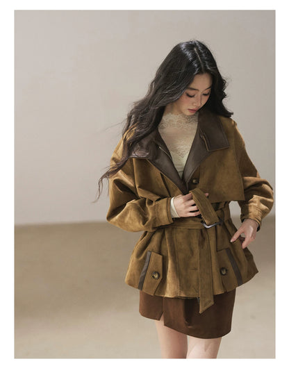 AOMALM - Chestnut Brown Faux-Suede Cropped Utility Coat with Belt