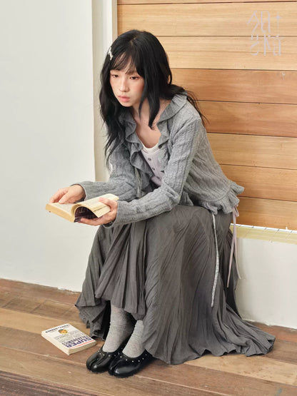 DAILY ARTIST - Gray Ruffle-Trim Cardigan & Purple Layered Top Set