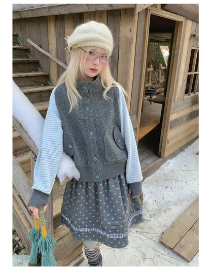 RF - Gray Floral Pinafore Top and Plaid Ruffle Skirt Set