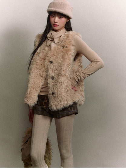 Soote Season - Korean Amber Brown Curly Faux-Fur Vest