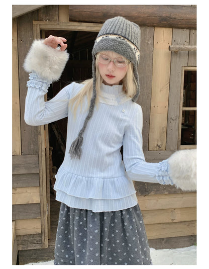 RF - Light Blue Ribbed Knit Top with Lace Collar and Double Ruffle Hem