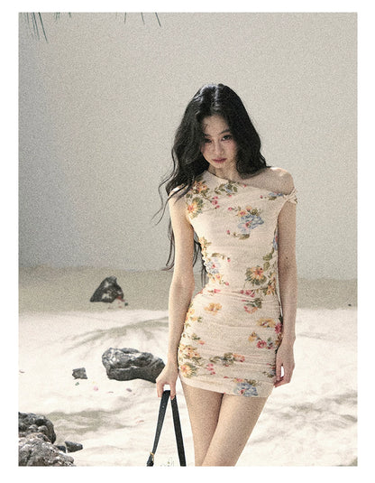 "Waiting for Blossoms" Dutch Cream Floral Ruched Mini Dress 43236