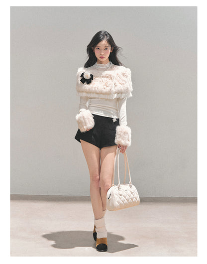 少也眼 “Snow-Melt Whispers” Milky White Lace Mesh Fur Top