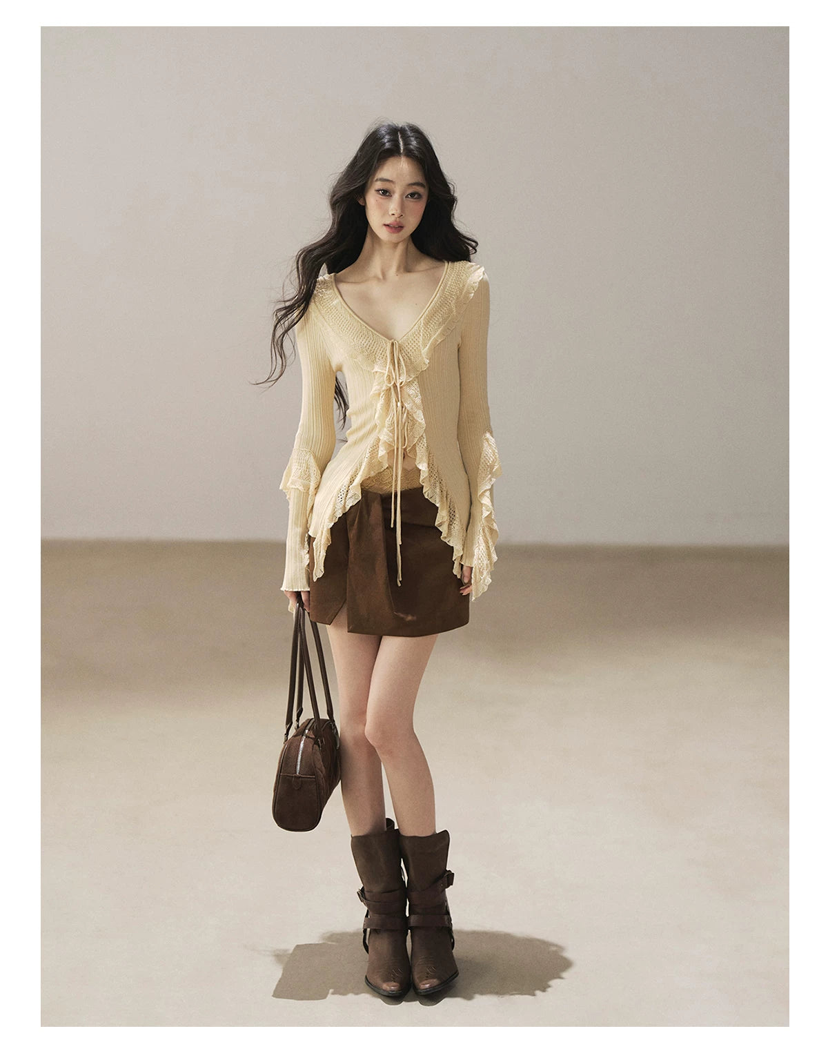 AOMALM - "The Gap of Light" Cheese Yellow Korean Ruffle Lace-Trim Knit Cardigan