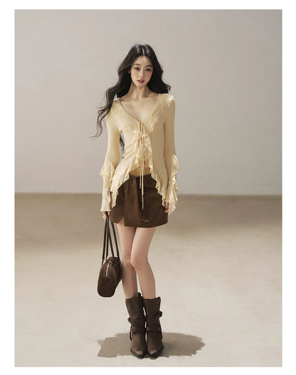 AOMALM - "The Gap of Light" Cheese Yellow Korean Ruffle Lace-Trim Knit Cardigan