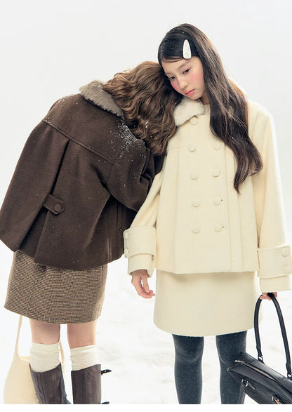 "Berlin Snowfall" Double-Breasted Quilted Wool-Blend Peacoat (Ivory/ Chocolate Brown)