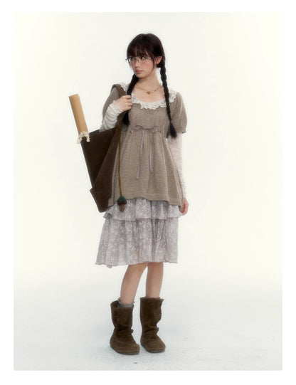 Misty Gray Pink Vintage Lace Tiered A-Line Skirt