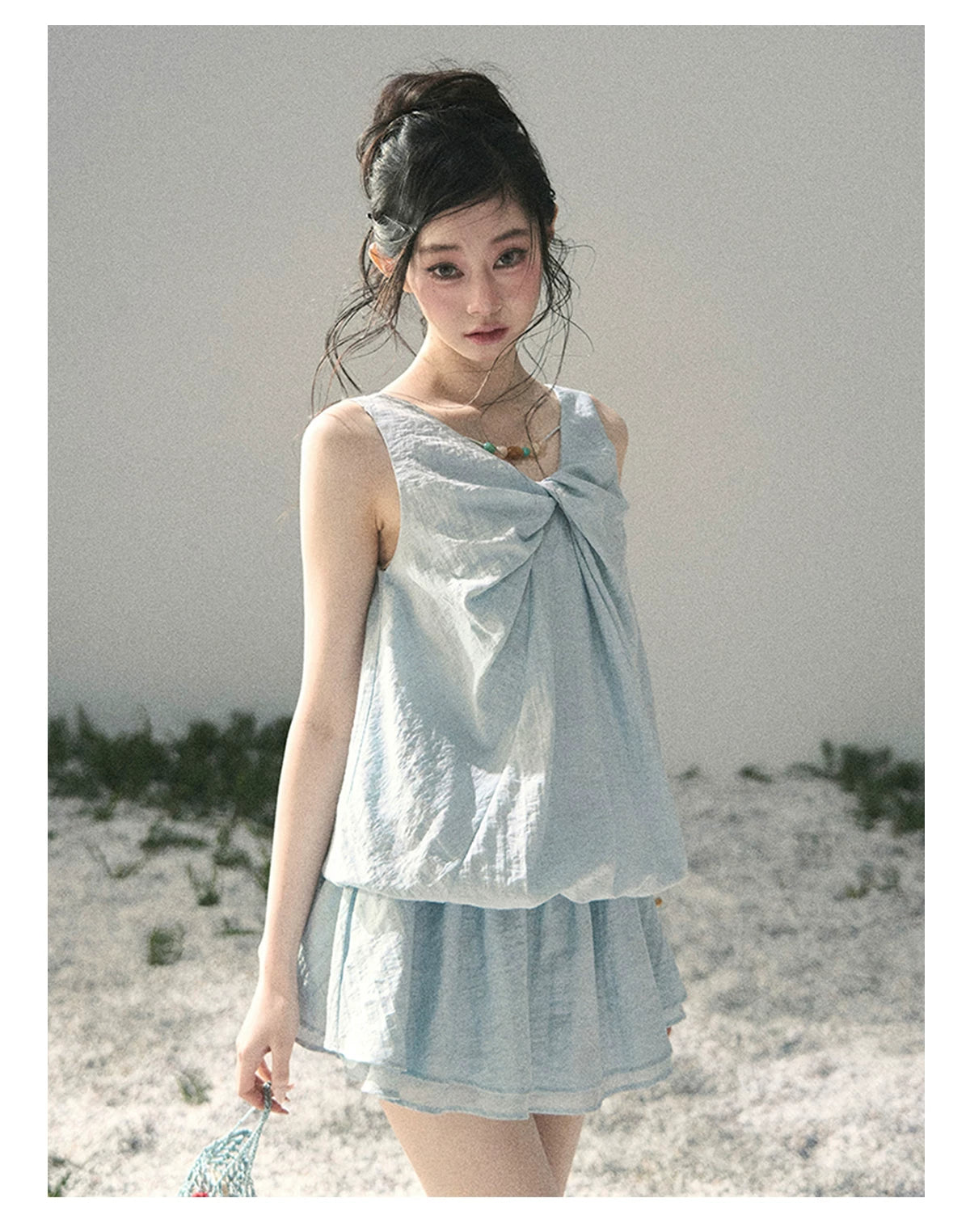 “Whispering Grass” Moonlight Blue Twist Mini Dress