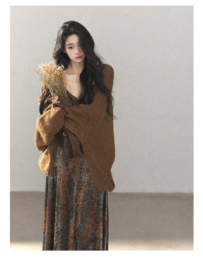AOMALM - "Draped in Wild Wind" Cocoa Brown Leopard Flocked Bias-Cut Mermaid Maxi Dress (With Matching Hair Tie)